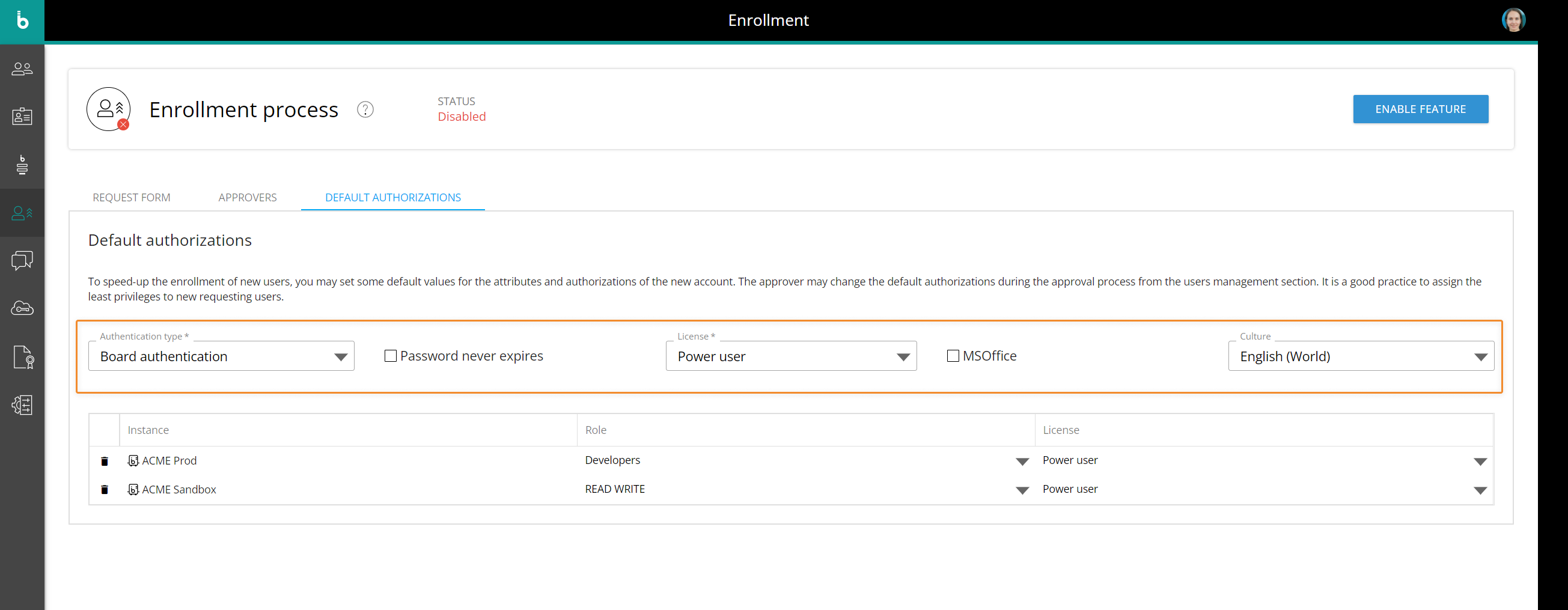 Default authorizations for the enrolled user