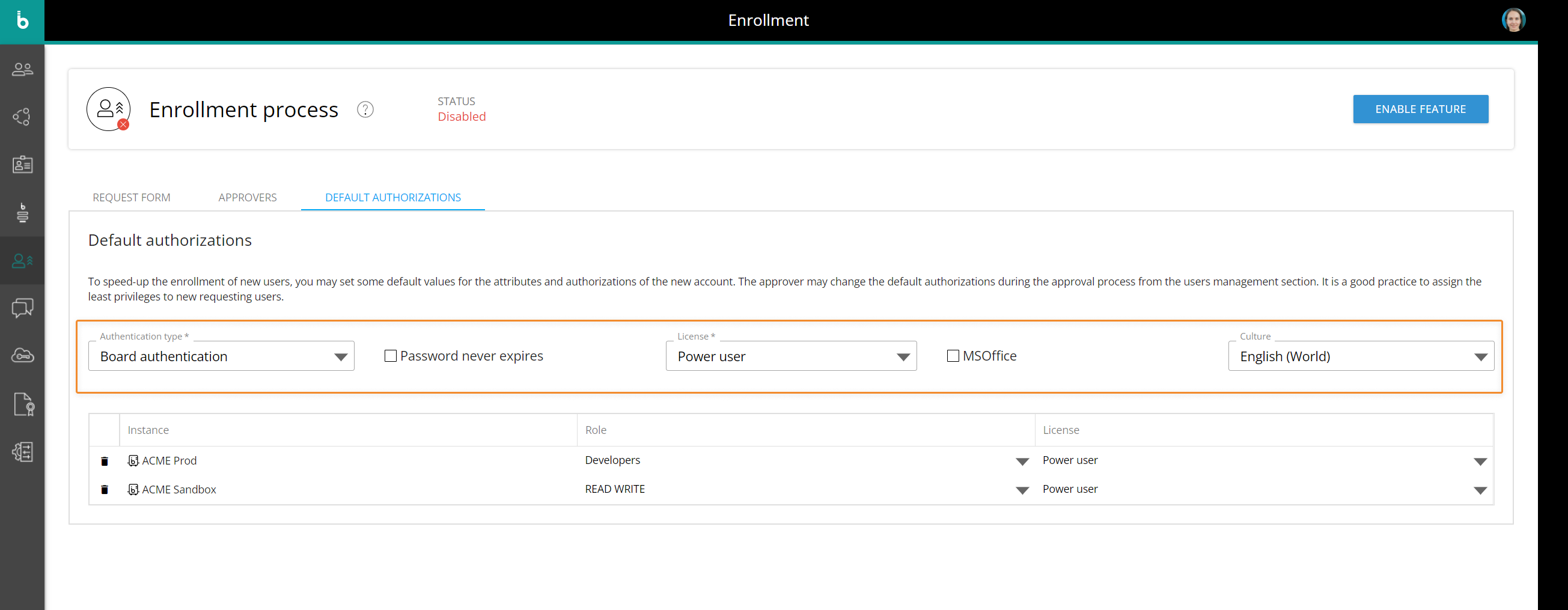 Default authorizations for the enrolled user