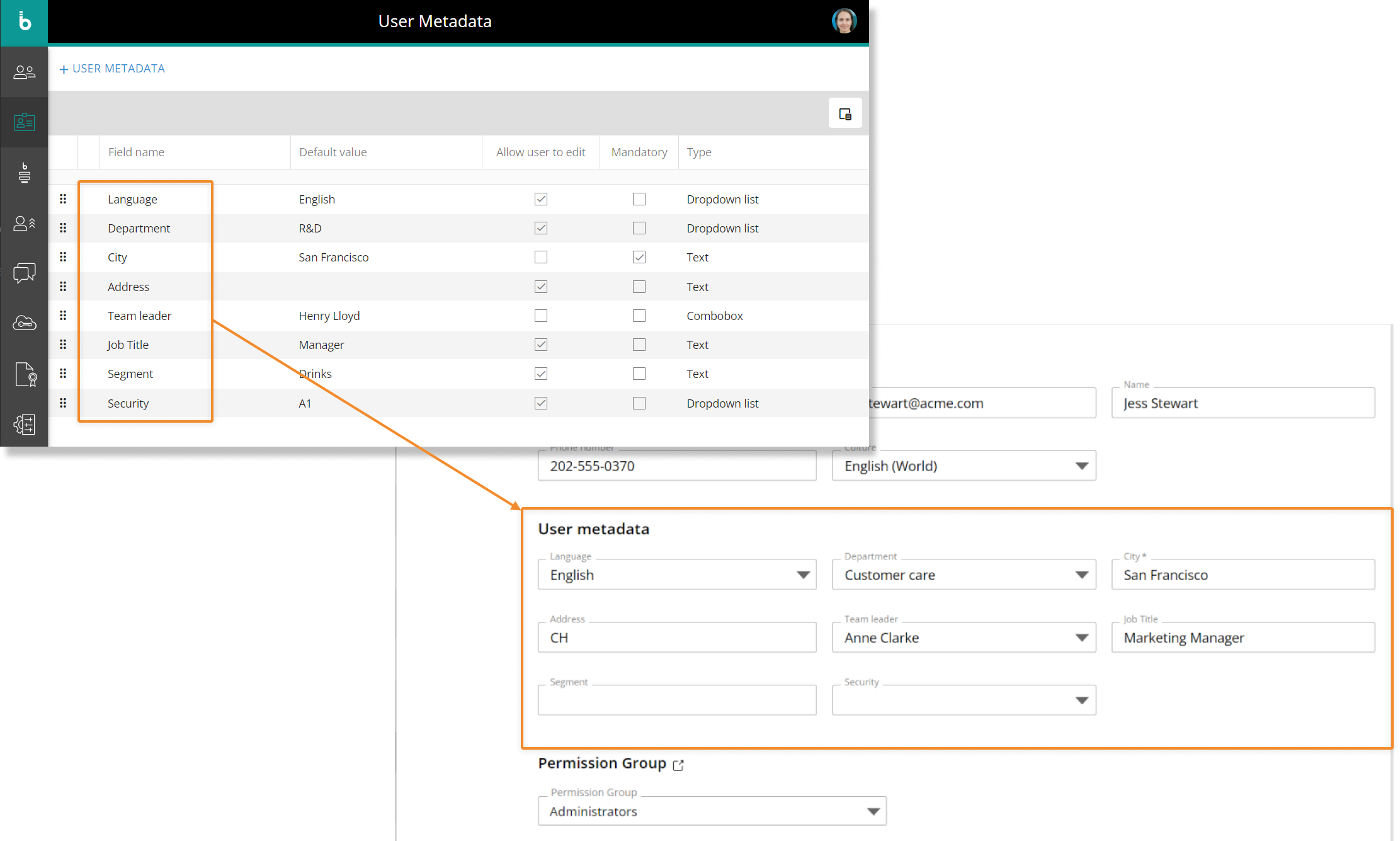 User metadata in BOARD's User profile panel